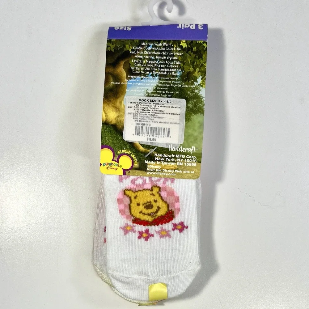 Disney Winnie The Pooh Ankle Socks Girl 3-4.5 Colorful‎ Novelty Cute 3 Pairs NWT